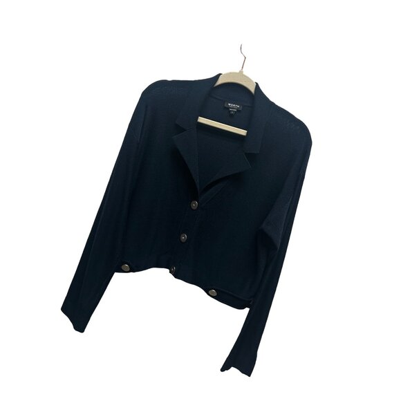 Worth New York Navy Wool Cropped Collared Cardigan Sweater